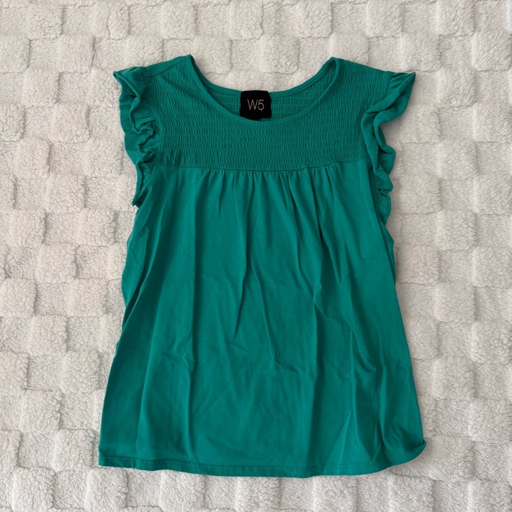W5 Teal Green Smocked Ruffle Sleeve Blouse, Women’s Medium